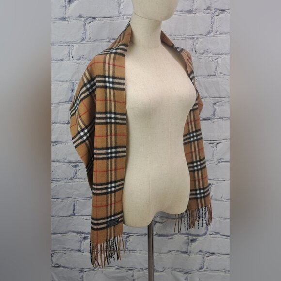 Burberry Vintage Scarf Nova Check Cashmere Wool England Camel 90s Y2K 61" x 11.5 - Picture 3 of 10